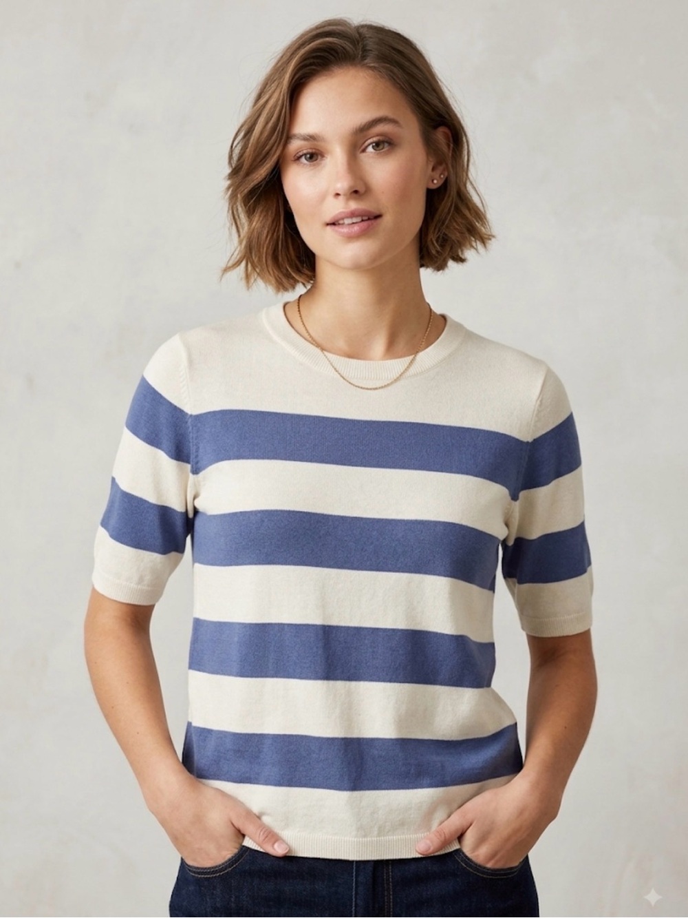 KAFFE Cream & Blue Horizontal Stripe Short-Sleeve Knit Top